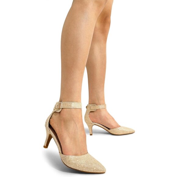 Dream Pairs Women's Gold Glitter Faux Suede pointed Toe Kitten Heels Pumps Shoes - Picture 5 of 7